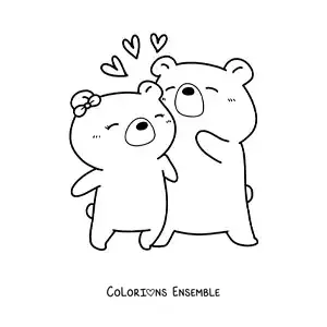 Image à colorier de deux ours amoureux avec des cœurs