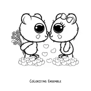 Image à colorier d'un couple d'ours kawaii amoureux avec des roses et des cœurs