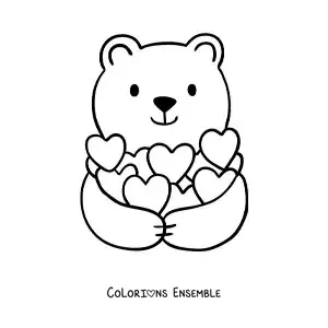 Image à colorier d'un tendre ours entouré de cœurs
