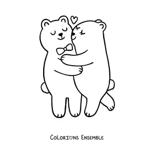 Image à colorier d'un couple d'ours amoureux enlacés