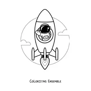Image à colorier d'un astronaute qui salue depuis une fusée spatiale en vol