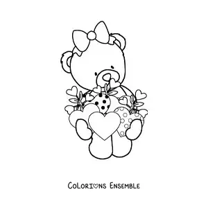 Image à colorier d'une ourse en peluche animée avec des cœurs de la Saint-Valentin
