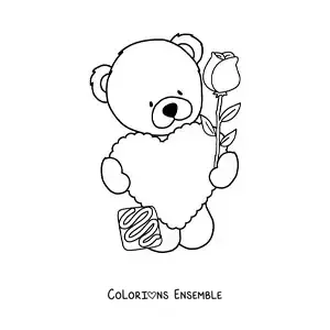 Image à colorier d'un ours en peluche avec un cœur et une rose
