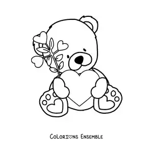 Image à colorier d'un ourson en peluche assis avec des fleurs et un cœur