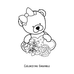 Image à colorier d'une ourse en peluche assise avec des fleurs et des cœurs