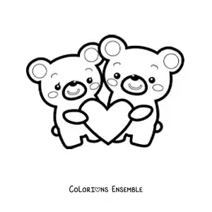 Image à colorier d'un couple d'ours animés avec un cœur