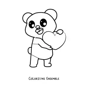 Image à colorier d'un ours kawaii tenant un cœur