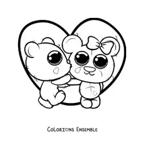 Image à colorier d'oursons kawaii en peluche amoureux avec un grand cœur