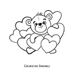 Image à colorier d'un petit ours entouré de cœurs