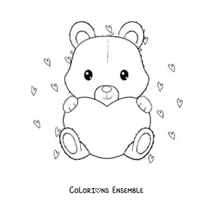 Image à colorier d'un ours affectueux assis avec un grand cœur