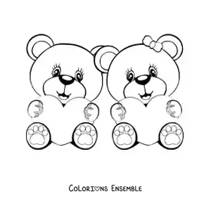 Image à colorier d'un couple d'ours amoureux assis avec des cœurs