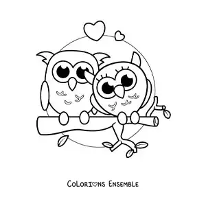 Image à colorier d'un couple de chouettes kawaii amoureuses
