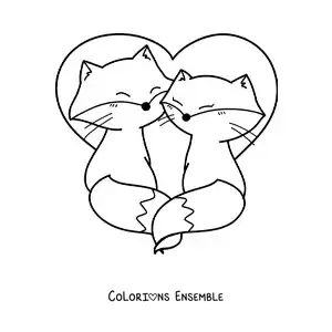 Image à colorier d'un couple de renards kawaii amoureux
