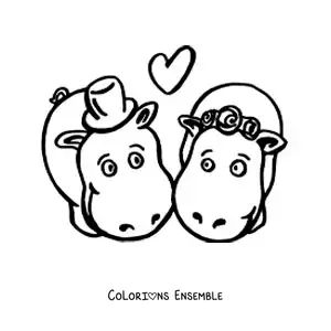 Image à colorier d'un couple d'hippopotames kawaii amoureux