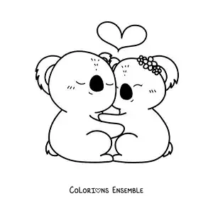 Image à colorier d'un couple de koalas kawaii amoureux
