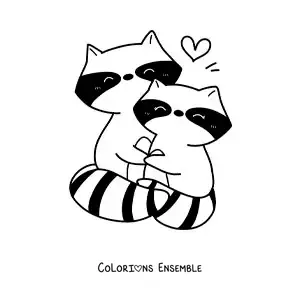 Image à colorier d'un couple de ratons laveurs kawaii amoureux