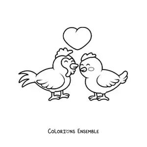 Image à colorier d'un couple de coq et poule kawaii amoureux