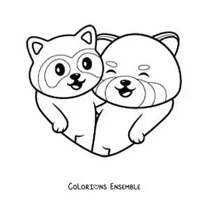 Image à colorier d'un couple de pandas roux animés amoureux