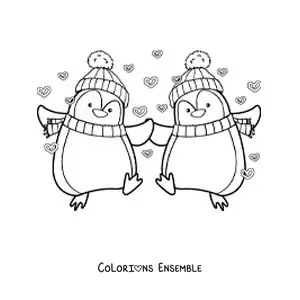 Image à colorier d'un couple de pingouins animés amoureux