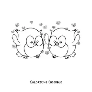 Image à colorier d'un couple de chouettes animées amoureuses