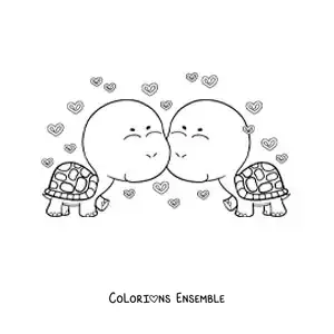 Image à colorier d'un couple de tortues animées amoureuses