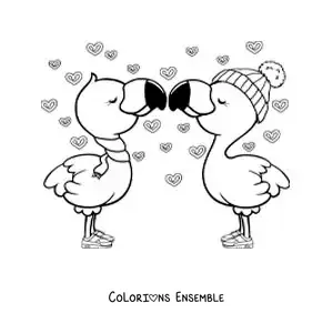 Image à colorier d'un couple de flamants roses animés amoureux