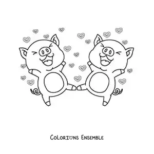 Image à colorier d'un couple de petits cochons animés amoureux