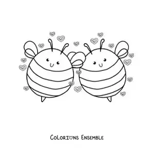 Image à colorier d'un couple d'abeilles animées amoureuses