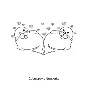 Image à colorier d'un couple de phoques animés amoureux