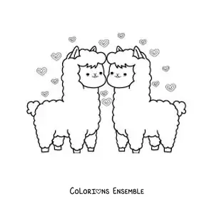 Image à colorier d'un couple d'alpagas animés amoureux