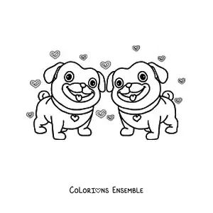 Image à colorier d'un couple de petits chiens animés amoureux