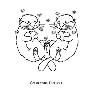 Image à colorier d'un couple de loutres animées amoureuses