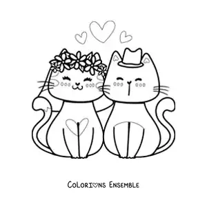 Image à colorier d'un mariage de chatons kawaii avec des cœurs