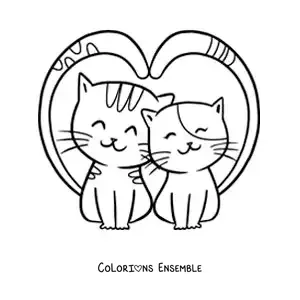 Image à colorier de chats amoureux dont les queues forment un cœur
