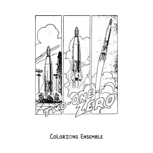 Image à colorier d'une vignette montrant le lancement d'une fusée réaliste