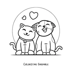 Image à colorier de chats amoureux qui miaulent avec des cœurs