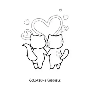 Image à colorier d'un couple de chatons se tenant les pattes avec des cœurs