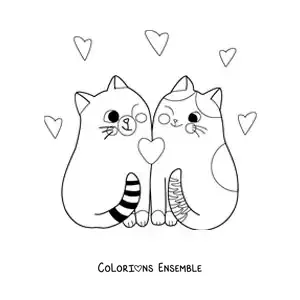 Image à colorier d'un couple de chatons animés amoureux réunis avec des cœurs