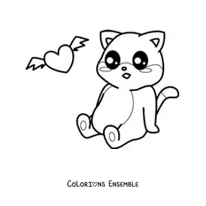 Image à colorier d'un chat kawaii animé assis avec un cœur ailé