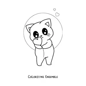 Image à colorier d'un chat kawaii animé avec un ballon en forme de cœur