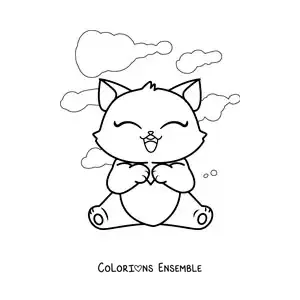 Image à colorier d'un mignon chaton assis avec un cœur