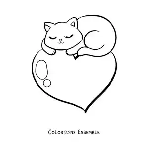 Image à colorier d'un mignon chaton qui dort sur un cœur