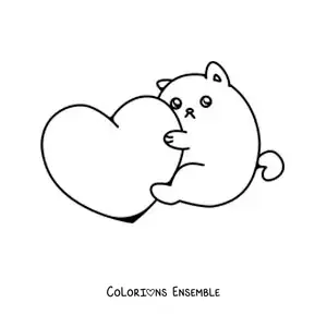 Image à colorier d'un mignon chaton étreignant un cœur