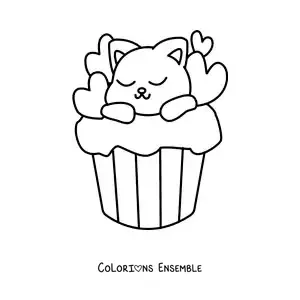 Image à colorier d'un tendre chat qui dort sur un cupcake de cœurs