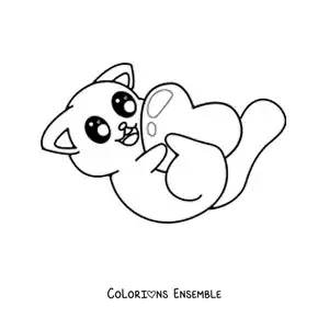 Image à colorier d'un chat kawaii qui joue avec un cœur