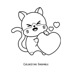 Image à colorier d'un chat kawaii avec un grand cœur