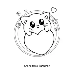 Image à colorier d'un tendre chat kawaii entouré de coeurs de la Saint-Valentin