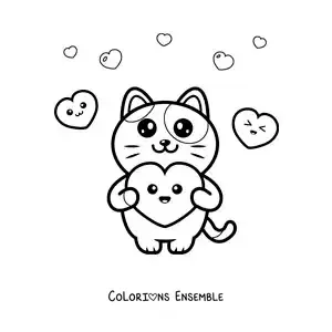 Image à colorier d'un tendre chat tout mignon avec des coeurs kawaii
