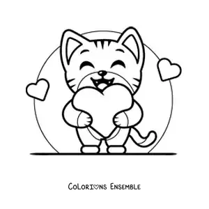 Image à colorier d'un chat tout mignon avec des coeurs