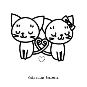 Image à colorier de tendres chatons amoureux dont les queues dessinent un coeur